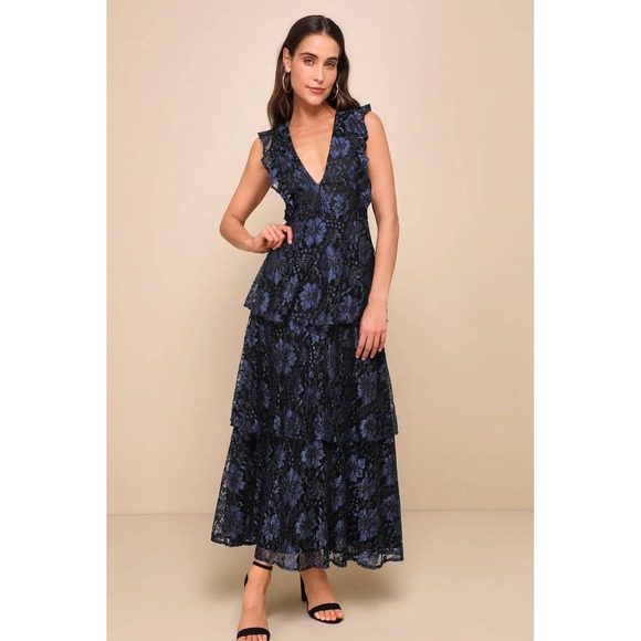 Lulus Dresses & Skirts - Lulus Molinetto Navy Blue Lace Ruffled Tiered Sleeveless Maxi Dress Size XXL